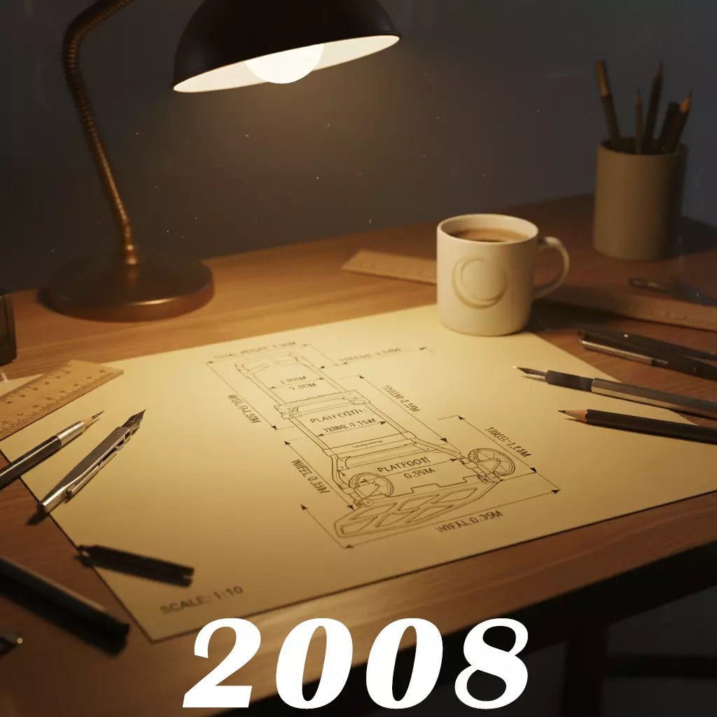 A hand sketching the outline of a new hand truck design on paper