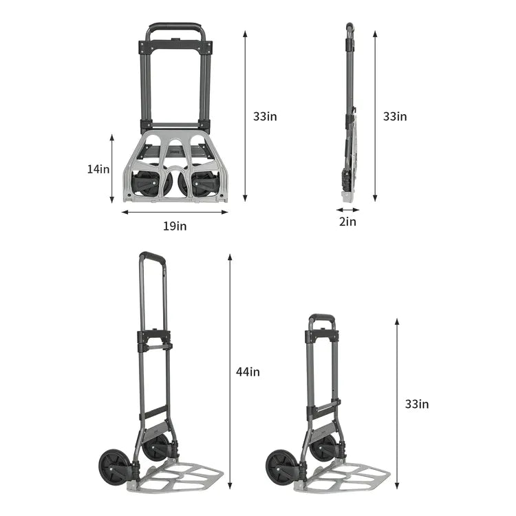 Height adjustment chart of 264LB folding hand truck, showing adjustable handle levels for ergonomic use
