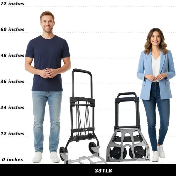 Leeyoung 264LB folding hand truck height comparison with person, illustrating ergonomic design for moving heavy items easily