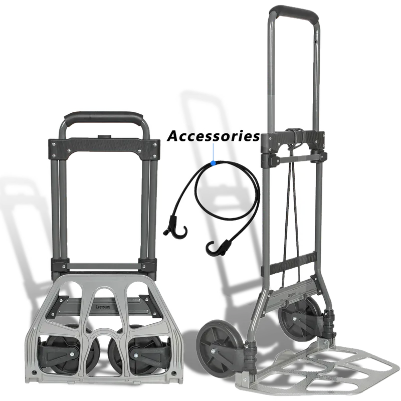 Leeyoung 264LB folding hand truck in folded and open position with elastic strap, heavy duty foldable cart for moving goods easily