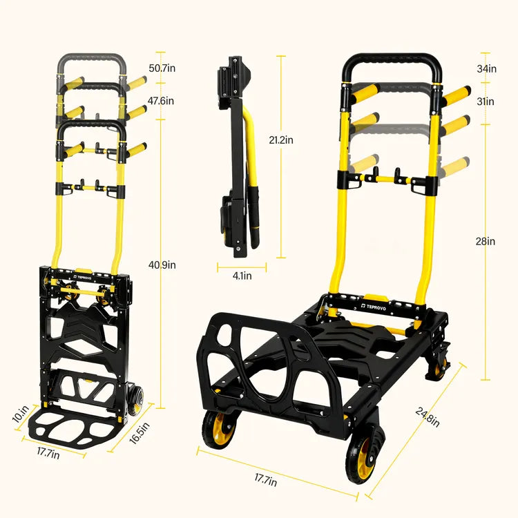 330 lb. 2-in-1 Folding Hand Truck Dolly, Heavy Duty Foldable Cart with Retractable Handle & 4 Smooth Rubber Wheels, Portable Hand Truck for Moving, Travel, Luggage, and Office Use