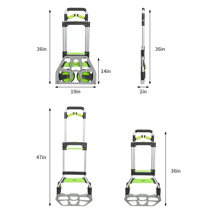 Height adjustment chart of 309LB green folding hand truck, showing adjustable handle levels for ergonomic use