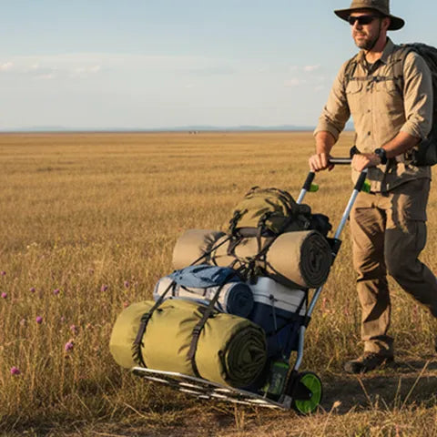 Leeyoung 309LB folding hand truck transporting camping gear, tents, and coolers outdoors