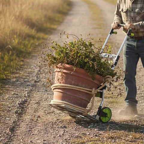 Leeyoung 309LB folding hand truck carrying garden tools and soil bags outdoors