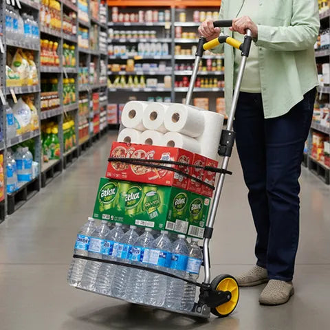 Leeyoung 309LB folding hand truck helping carry groceries in supermarket