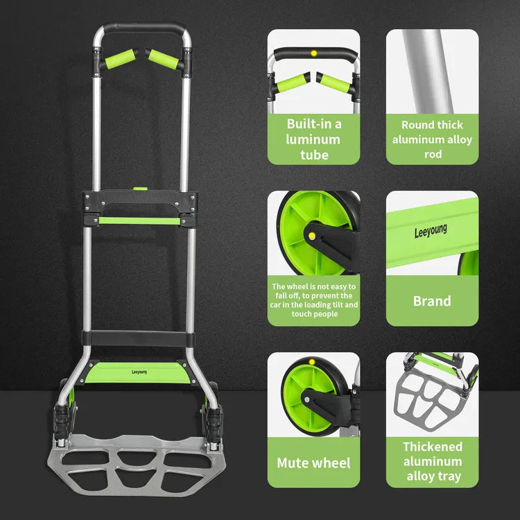 Non-slip handle, refined iron body, and mute wheels of 309LB green folding hand truck, wheel designed to prevent falling, safe heavy duty cart