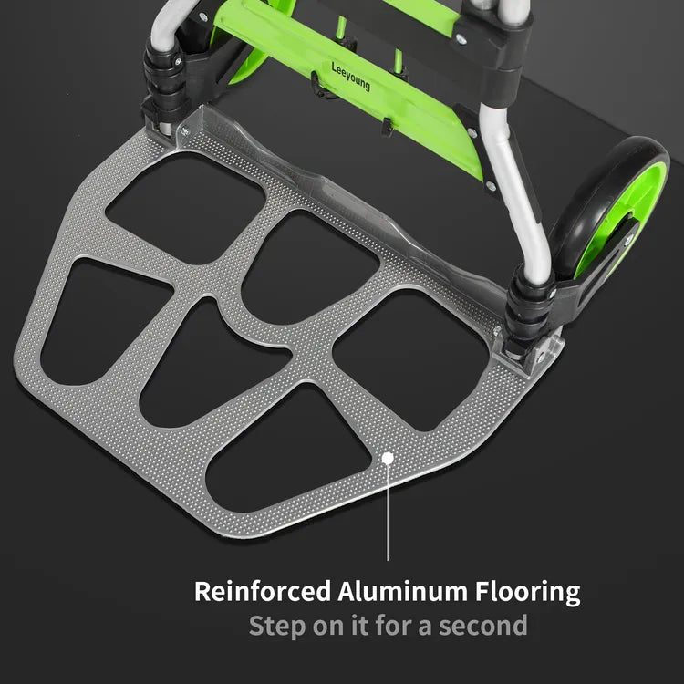 Thickened iron tray of Leeyoung 309LB heavy duty green folding hand truck, sturdy load-bearing base for transporting heavy items