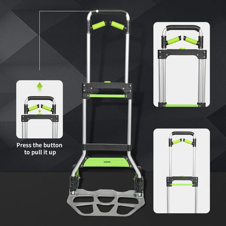 How to unfold Leeyoung 309LB green folding hand truck, step-by-step demonstration for quick setup of heavy duty cart