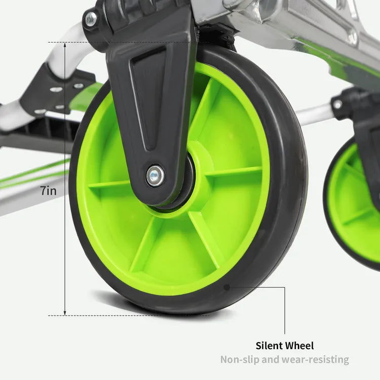 Durable rubber wheels of Leeyoung 309LB green folding hand truck, shock absorbing and anti-slip design for smooth transport