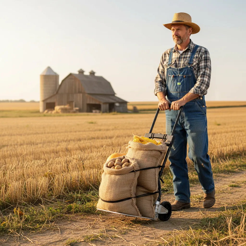 Leeyoung 331 lb folding hand truck carrying farm produce, ideal for transporting crops and heavy loads.
