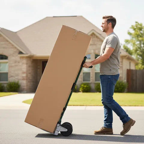 Leeyoung 375LB hand truck carrying tall cargo with handle rotated outward