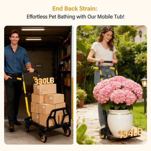 330 lb. 2-in-1 Folding Hand Truck Dolly, Heavy Duty Foldable Cart with Retractable Handle & 4 Smooth Rubber Wheels, Portable Hand Truck for Moving, Travel, Luggage, and Office Use