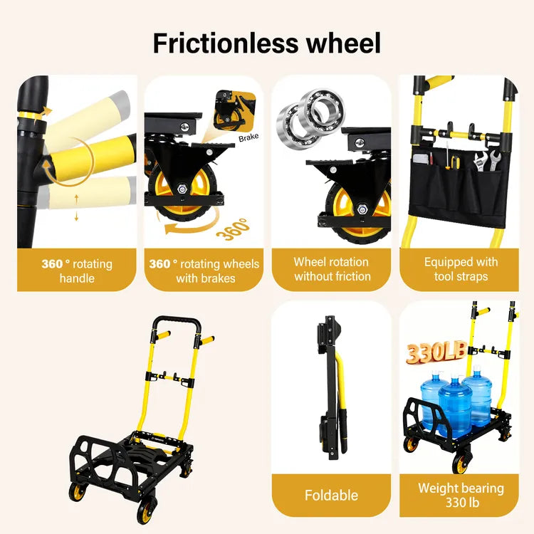 330 lb. 2-in-1 Folding Hand Truck Dolly, Heavy Duty Foldable Cart with Retractable Handle & 4 Smooth Rubber Wheels, Portable Hand Truck for Moving, Travel, Luggage, and Office Use