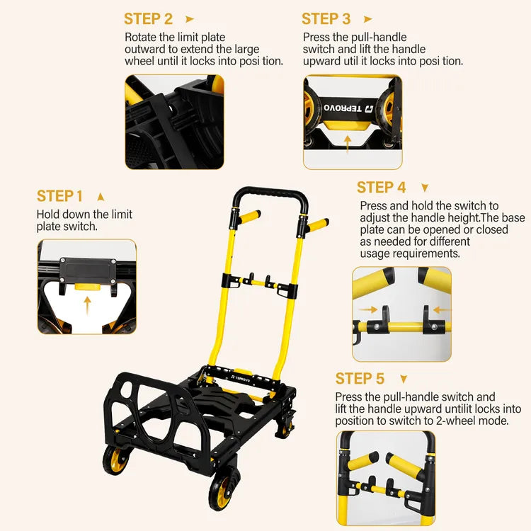 330 lb. 2-in-1 Folding Hand Truck Dolly, Heavy Duty Foldable Cart with Retractable Handle & 4 Smooth Rubber Wheels, Portable Hand Truck for Moving, Travel, Luggage, and Office Use