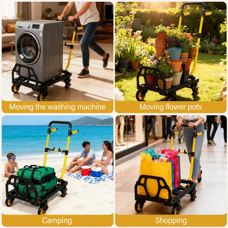 330 lb. 2-in-1 Folding Hand Truck Dolly, Heavy Duty Foldable Cart with Retractable Handle & 4 Smooth Rubber Wheels, Portable Hand Truck for Moving, Travel, Luggage, and Office Use