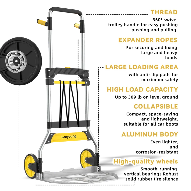 Illustrated graphic of Leeyoung 309LB yellow folding hand truck with design highlights