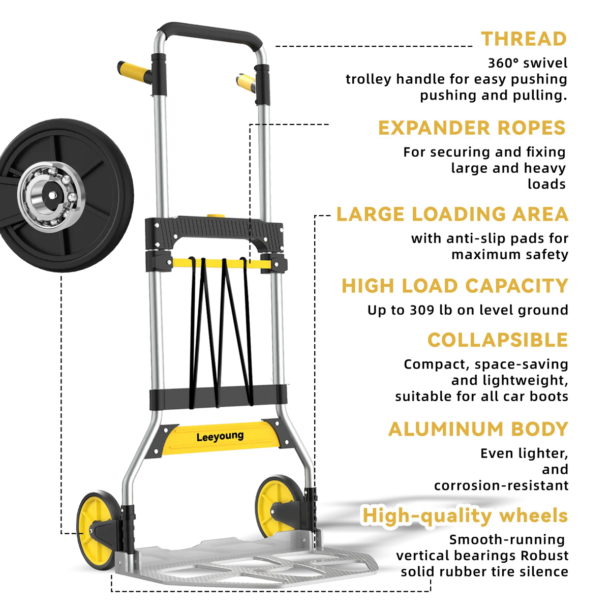 Illustrated graphic of Leeyoung 309LB yellow folding hand truck with design highlights
