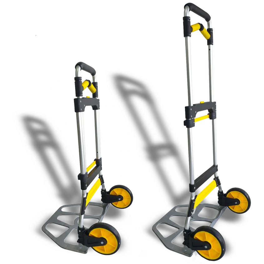 Leeyoung 309LB yellow folding hand truck side-rear view, open and ready for use