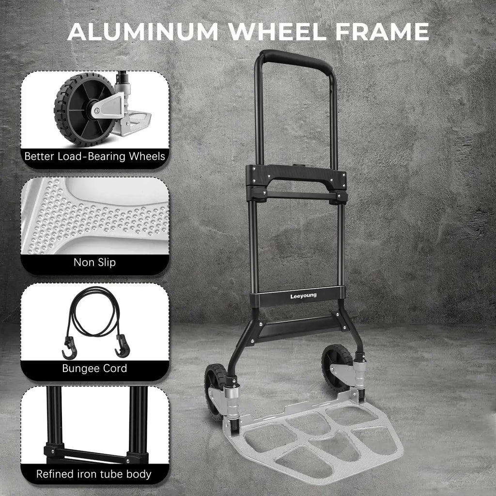 Close-up of steel frame joints on folding hand cart dolly