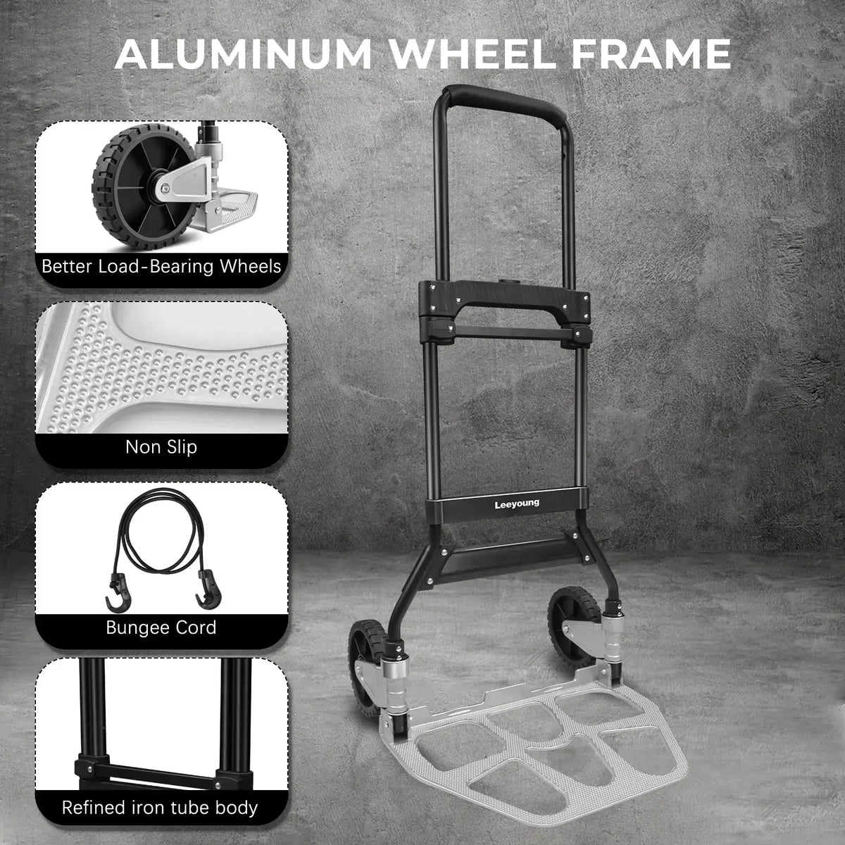 Close-up of steel frame joints on folding hand cart dolly