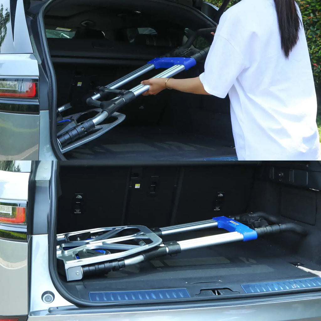 Folded hand truck collapsible stored in SUV trunk with other equipment