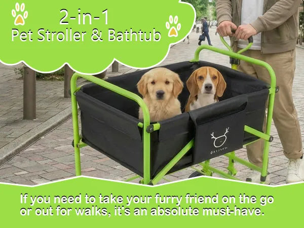 DeerGym 2-in-1 pet stroller used for walking a dog outdoors
