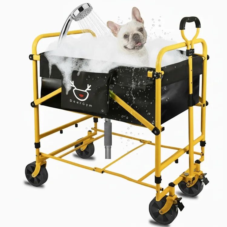 DeerGym elevated dog bath cart in yellow designed to reduce bending and back strain