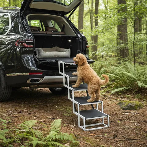 Small dog using DeerGym folding dog stairs to enter a car trunk without jumping
