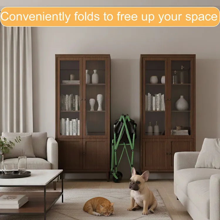 DeerGym foldable pet bath cart stored against the wall to save space
