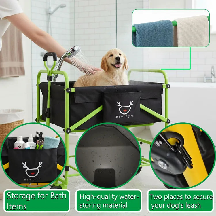 DeerGym pet bath cart with built-in storage, towel rack, and leash hook