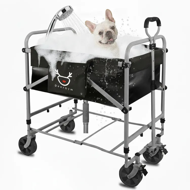 DeerGym pet bath stroller cart in gray with stable four-wheel design