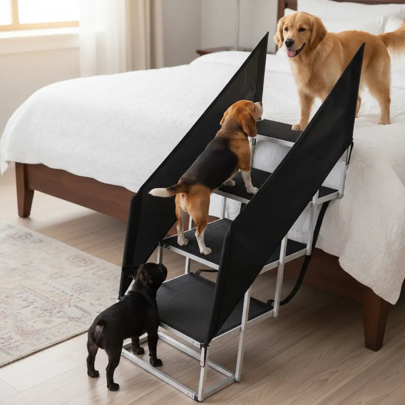 Dog climbing onto bed using DeerGym dog stairs