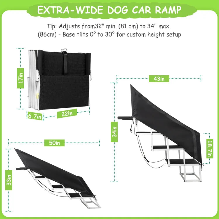 Dog stairs dimensions showing 34 inch height and 20 inch wide steps for SUV and truck tailgate access