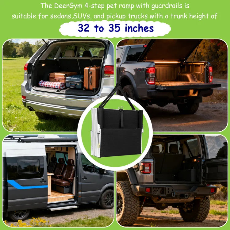Dog stairs designed for SUV and truck tailgate heights between 32 and 35 inches