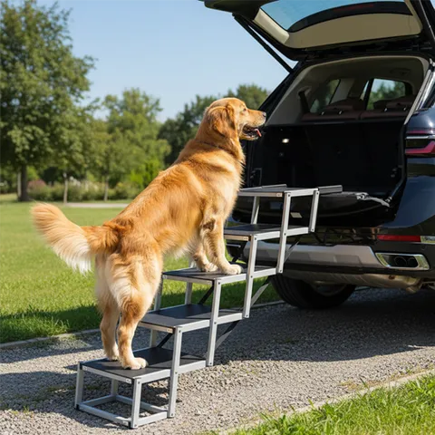 foldable dog stairs for cars - golden retriever using pet stairs to get into sedan