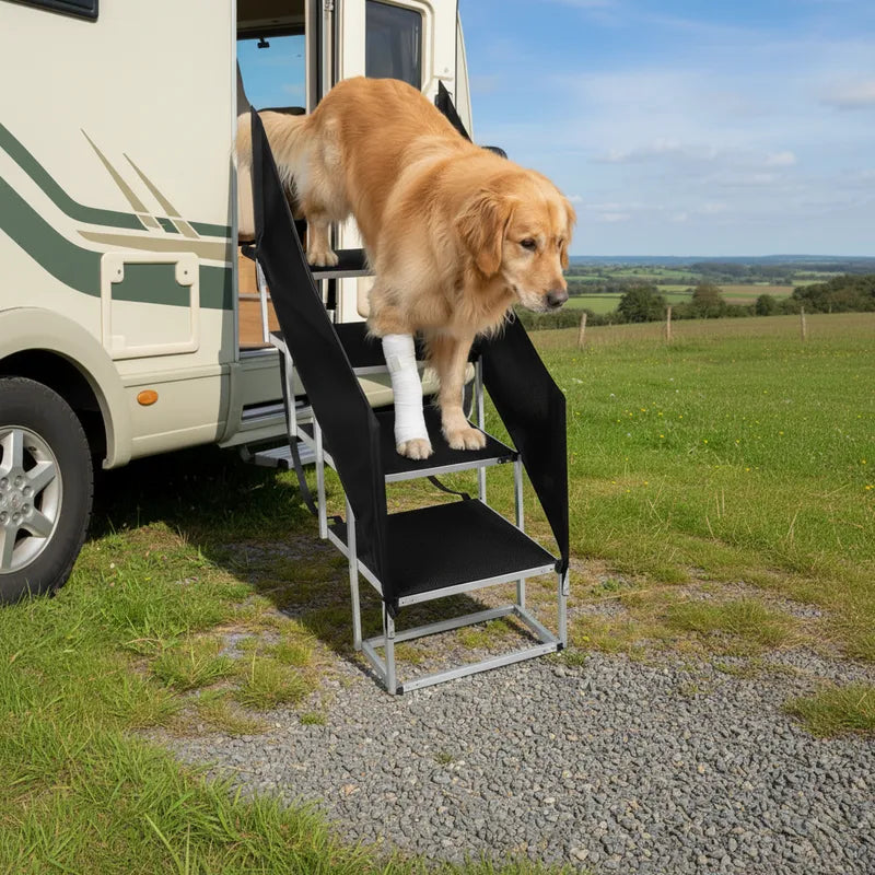 Portable dog stairs used during travel and camping