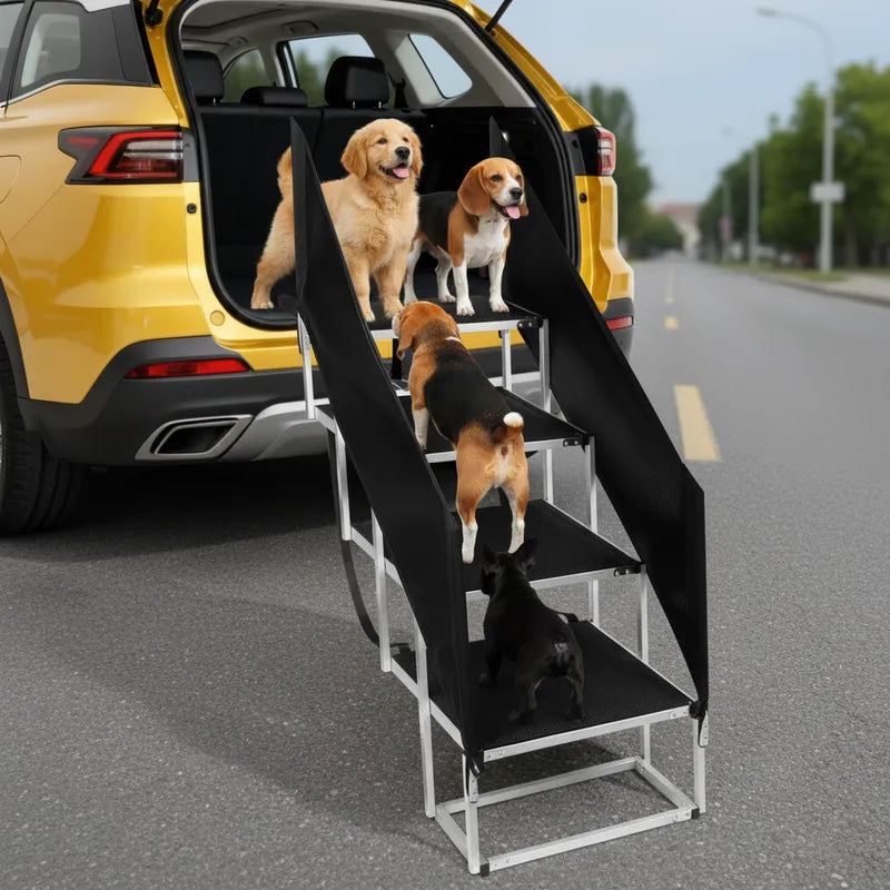 Dog using DeerGym dog stairs to climb into SUV