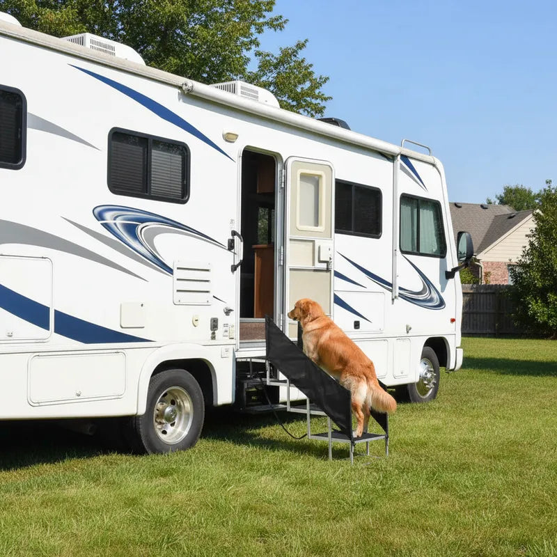 Dog climbing truck using DeerGym folding dog stairs