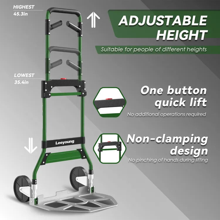 Worker adjusting telescopic handle (35"-45") on lightweight foldable hand truck