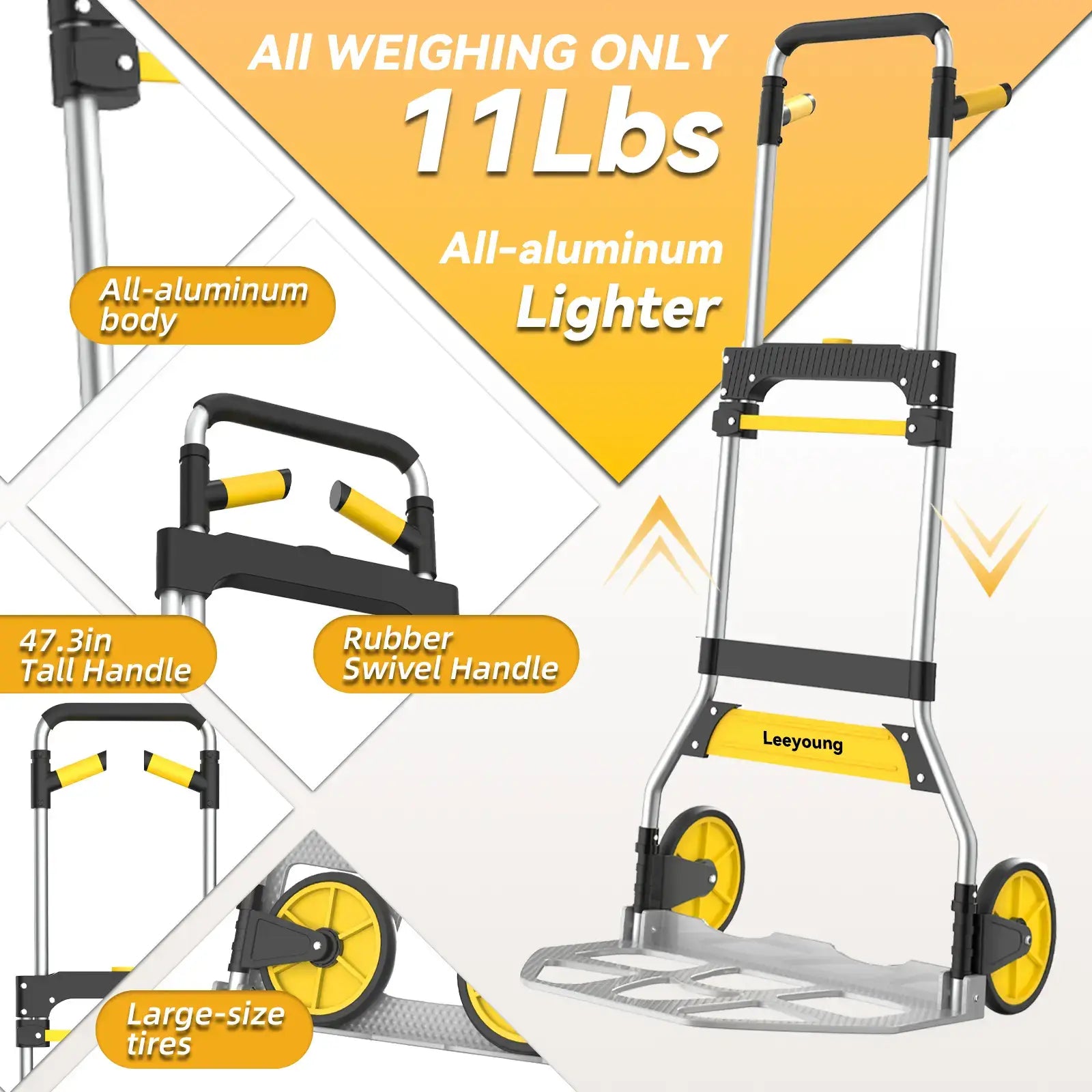 Aluminum folding hand truck easily moving 309-pound equipment with stable wheel base