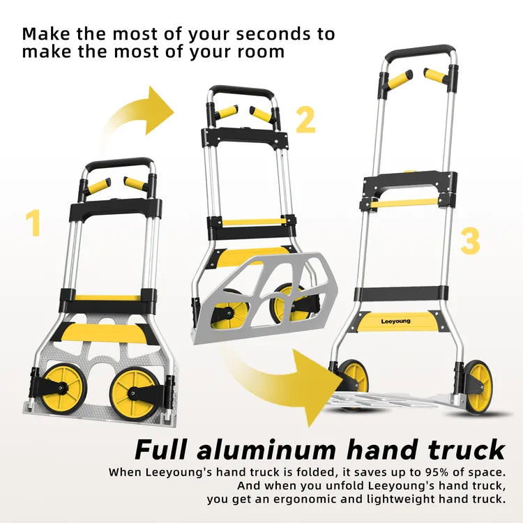 Simple one-step folding mechanism compressing hand truck to 2.2-inch slim profile