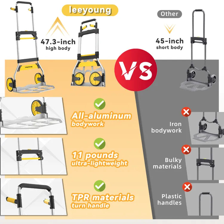 Folding hand truck vs traditional dolly showing 70% space saving and weight reduction advantage