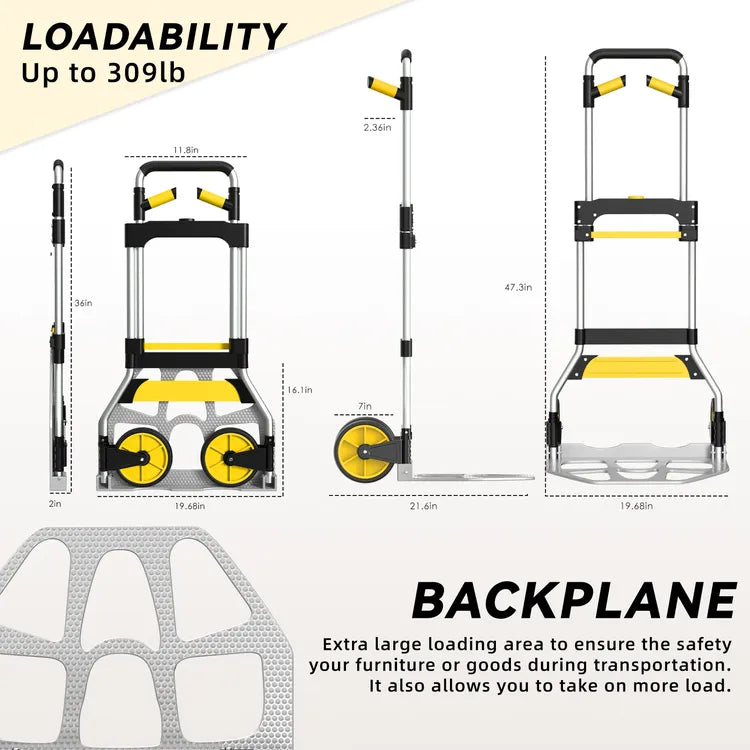 Portable fold up hand truck stored in car trunk demonstrating space-saving design