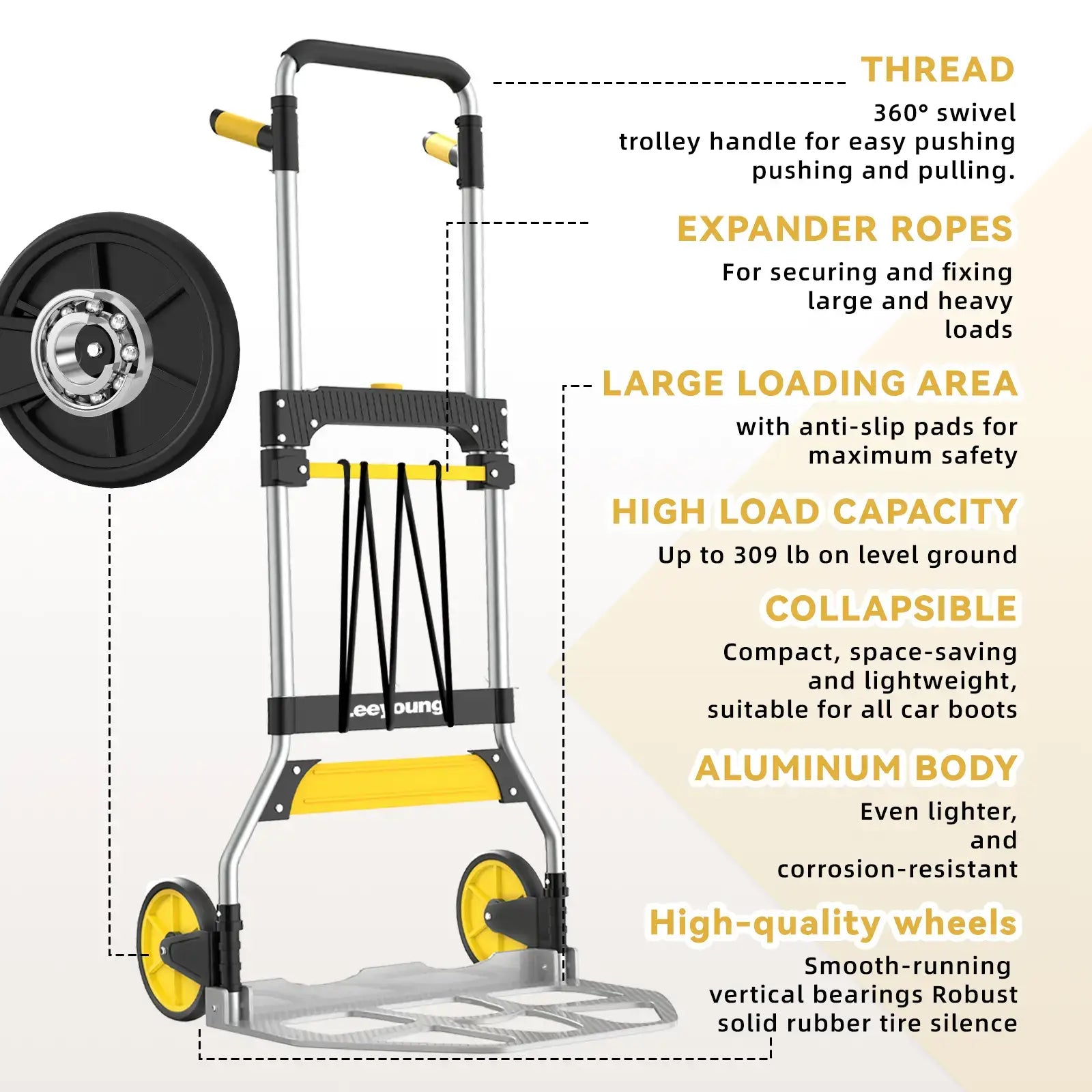 Close-up of stretch lanyard securing package on aluminum folding dolly