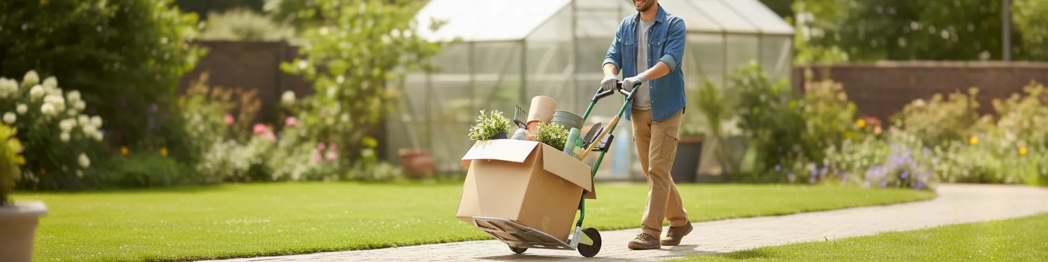 Worker using a folding hand truck 375lb with a tall heavy load, holding the top telescoping handle.