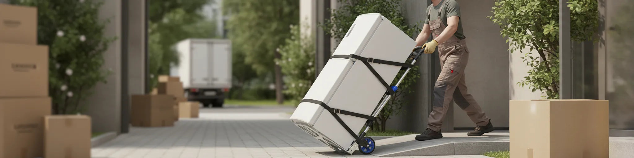 Worker using a folding hand truck 500lb with a tall heavy load, holding the top telescoping handle.