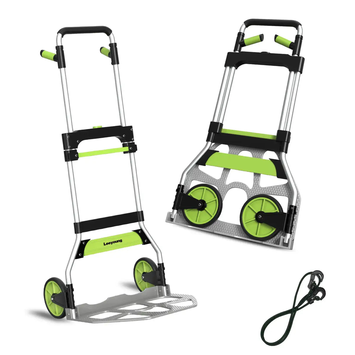 Green aluminum folding hand cart with 360-degree rotating ergonomic handle and textured load plate