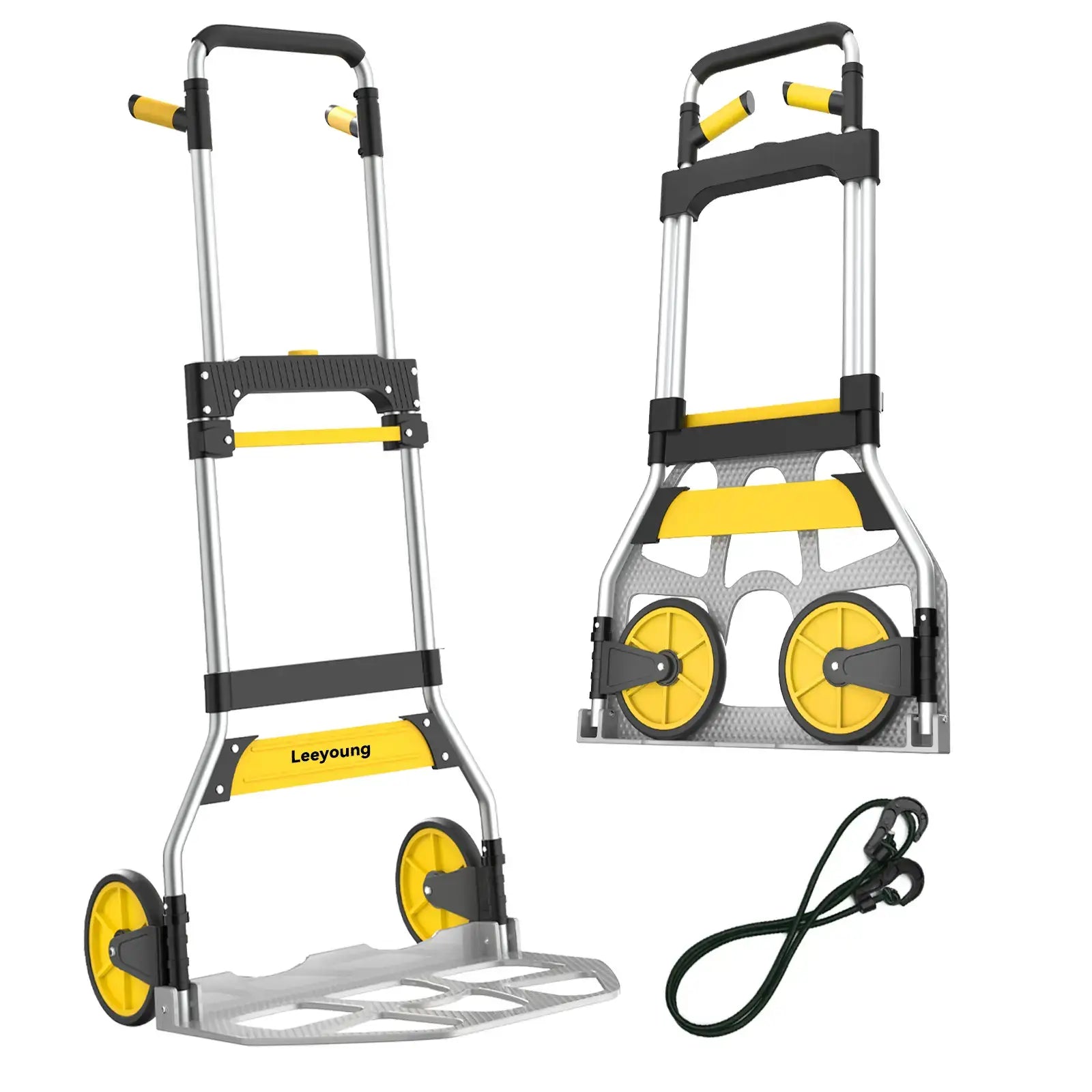 Yellow folding hand truck showing compact foldable design and sturdy aluminum frame with 300lb capacity