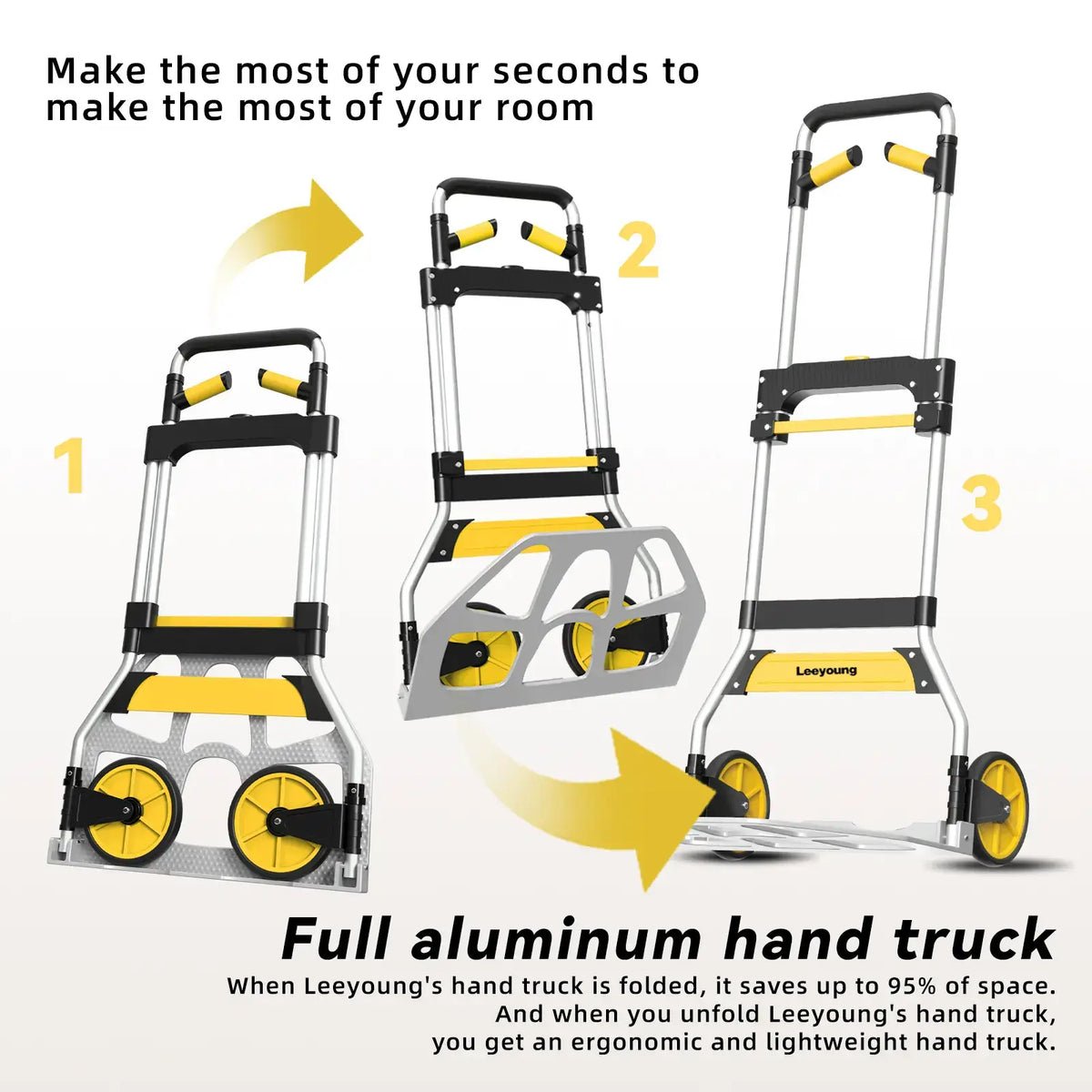 Leeyoung lightweight aluminum hand truck, folds to save 95% space with ergonomic design
