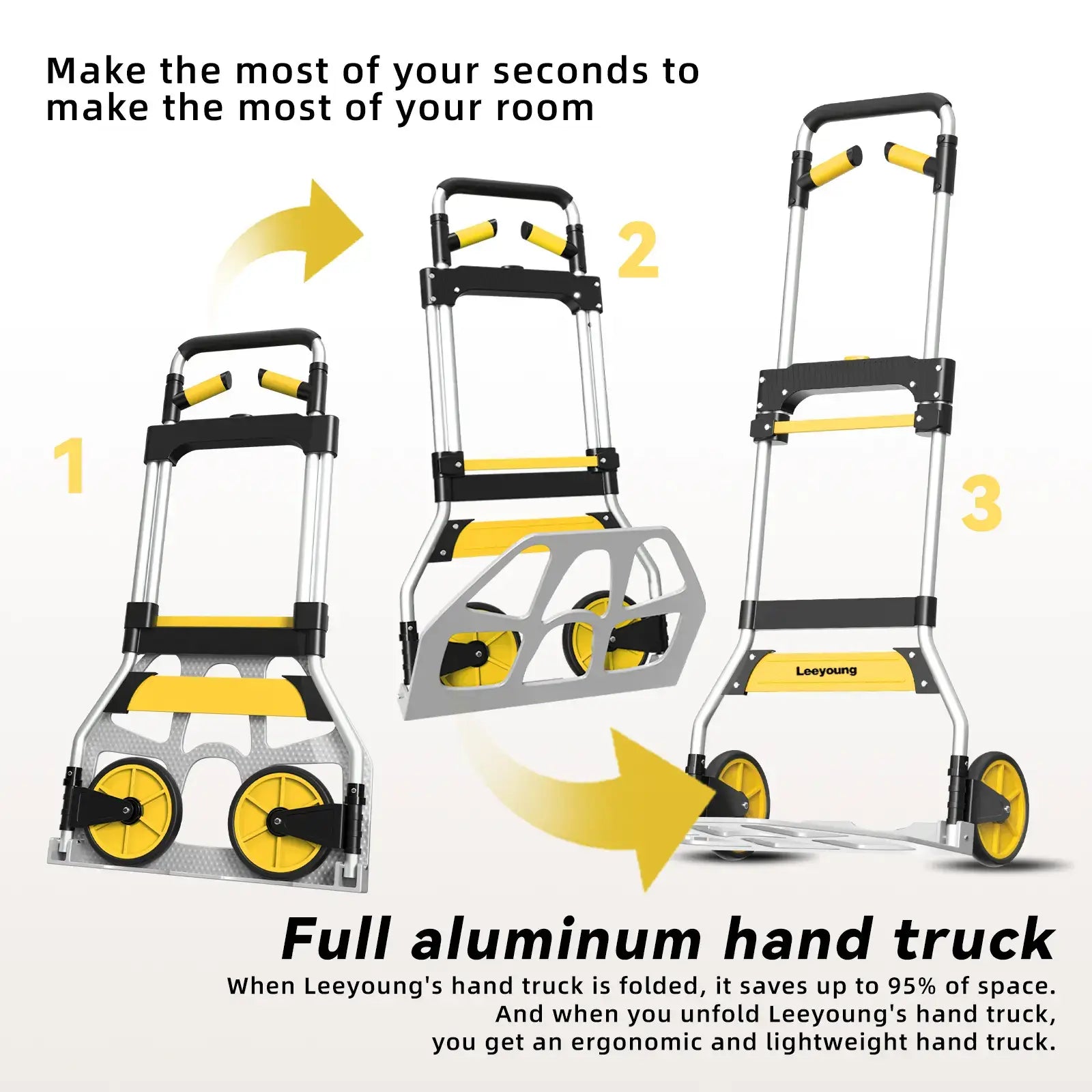 Leeyoung lightweight aluminum hand truck, folds to save 95% space with ergonomic design